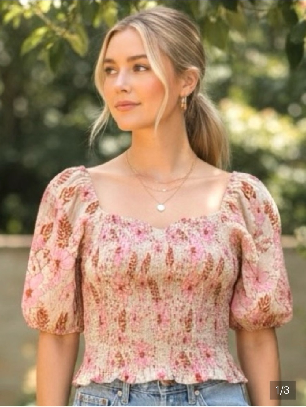 Lee Pink and Cream Floral Smocked Puff Sleeve Top